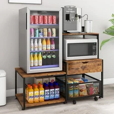 Mini Fridge Stand with Storage, Coffee Bar Cabinet with Power Outlet and Draw...