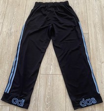 Vtg Adidas Track Black Pants Light Blue Stripes Spell Out On Back Pant Cuffs L