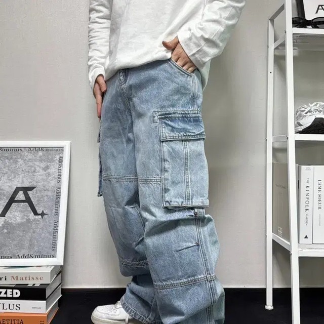 Wide Wash Denim Cargo Pants - Casual Streetwear