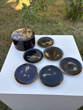 Vtg Japan Temple Mountains Beautiful Scene Black Laquer Coaster Set W Holder