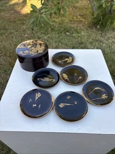 Vtg Japan Temple Mountains Beautiful Scene Black Laquer Coaster Set W Holder