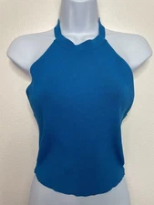 Zara Rib Knit Crop Top Sz L Blue Halter Tie Neck Sleeveless Raw Hem Boho Stretch