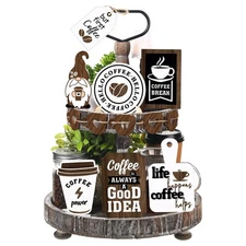 Two Tiered Tray with 11 Pcs Wooden Signs, Farmhouse Tiered Tray Decor Set Rus...