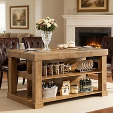 Kitchen Island with 3 Shelves, 55-Inch Farmhouse Wooden Stationary Island Table