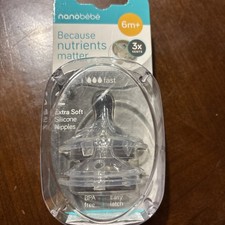 2-Pack NANOBEBE 6m Extra Soft Clear Silicone Nipples Fast Flow NEW SEALED