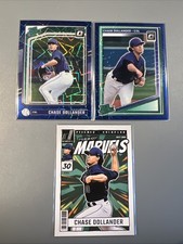 Chase Dollander 2025 + ‘24 Donruss Optic #134 Blue Velocity Prizm + Marvels