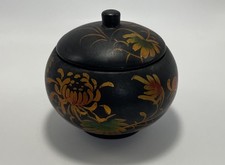 Vintage Japanese Black Lacquerware Lidded Bowl Hand Painted Floral Design 9cm 