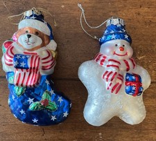 Glass Blown Christmas Ornament Dog In Stocking  Snowman Patriotic, USA Lot 2