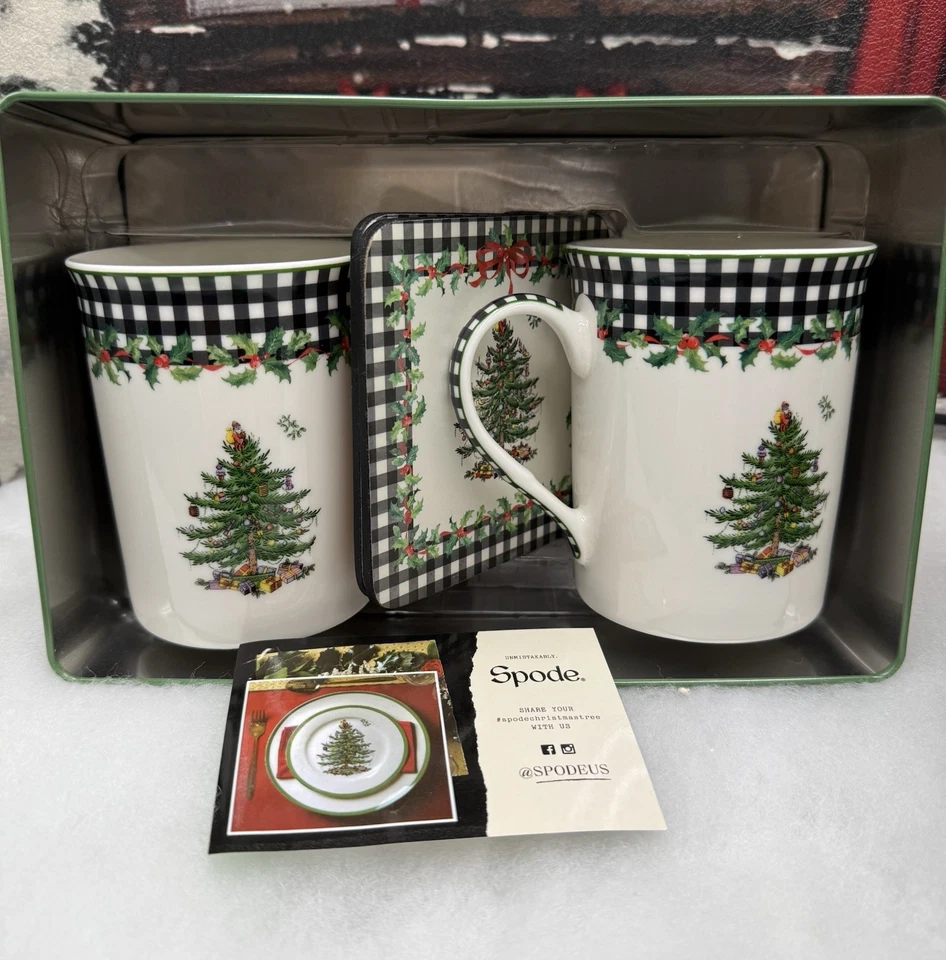 Spode Christmas Tree 5-Piece Mug & Tin Gift Set-Fine China Mugs & Cork Coasters - Image 2 of 4