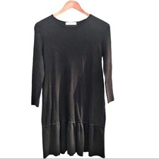 ZARA Black Ribbed Knit Ruffle Hem Mini Dress size L minimalist slimming LBD