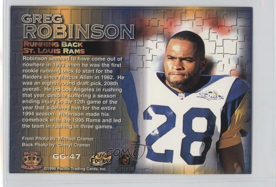 1996 Pacific Pure NFL Gridiron Gems Green Greg Robinson #GG-47 - Image 2 of 2
