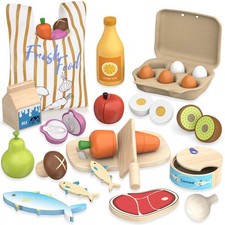 Wooden Play Food Toys for Kids - Pretend Play Kitchen Accessories Toy Set for...
