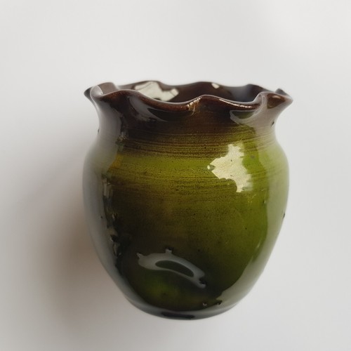 Studio art pottery brown green glazed pot vase ruffle edge indented VTG Belgium - Picture 11 of 12