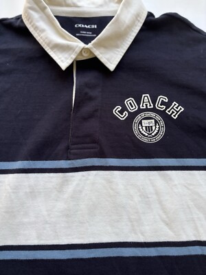 COACH Rugby Polo Shirt Colorblock Cotton Long Sleeve Logo Crest