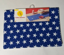 Sun Squad Patriotic Blue with White Stars Table Runner 14" X 49" Table Decor NEW