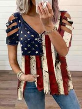 Plus Size V-Neck Flag Print Casual T-Shirt - Zipper Front