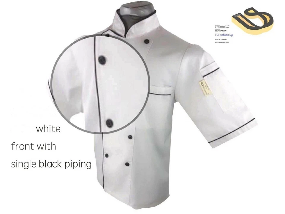 UScarmen Unisex Classic Short Sleeve Chef Coat Jacket 0190328 White Black  - Image 2 of 4