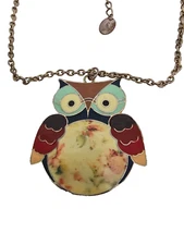 Zad Owl Pendant Multi-Color on Gold Tone Chain Necklace Vintage Chi Omega