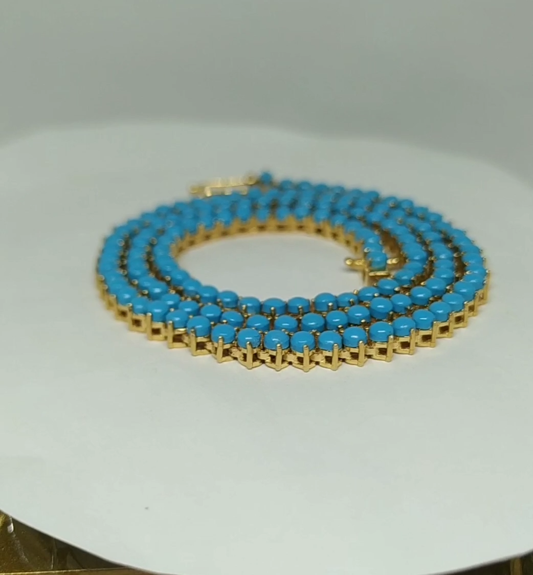 7.5CT Round Simulated Turquoise 3-Prong Tennis Necklace 14K