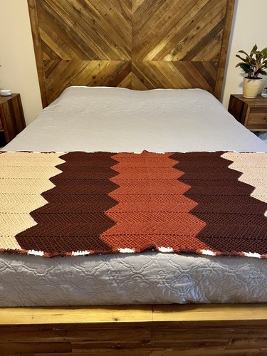 Handmade Crochet Earth Tones Zig Zag Afghan Blanket Size 76”x30” Throw Chevron - Picture 2 of 9