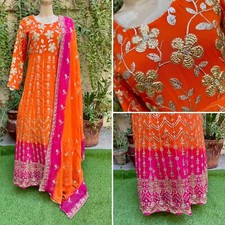 Pakistani Deep Orange Long Maxi Style Embroidered Sequins Fancy Chiffon Dress,L