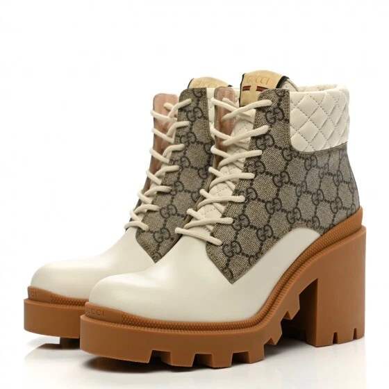 Bottines Gucci cuir de veau GG Supreme monogramme nappa cheville blanc beige pointure 40,5 neuves