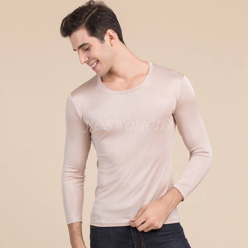 Men 100 Mulberry Silk Long Sleeve T shirt Tee Underwear Scoop Neck