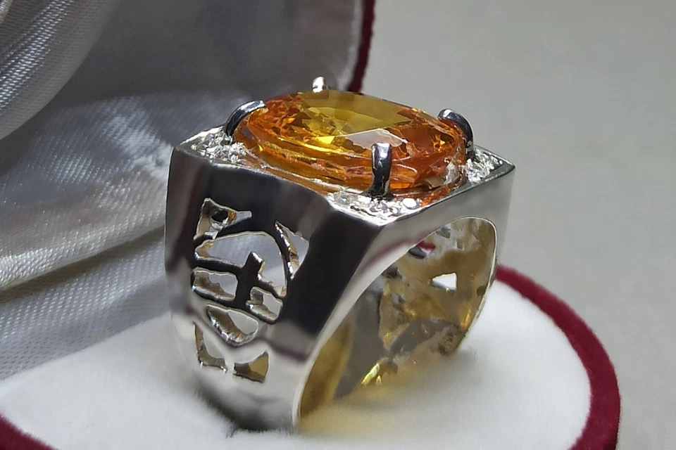 15 Carat Oval Cut Yellow Citrine Sterling Silver 925 Handmade Citrine Mens Ring - Image 2 of 4