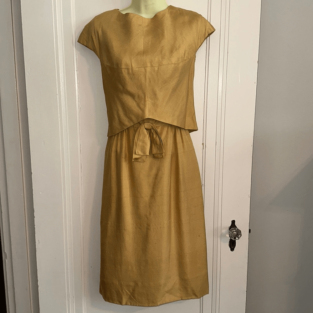 Vintage 50s/60s Saks Fifth Avenue gold dress outfit with bow on front | eBay