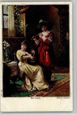 10065994 - A Duet - House Music in the Middle Ages 1900 Postcard Painting by Voelcker