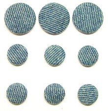 Denim covered buttons 9 piece medium light blue 3 x 23mm, 6 x 15 mm Made in USA