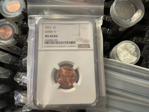 2023 Extra "V" Lincoln Cent Penny Graded by NGC MS68RD Rare VDB-V Error+++