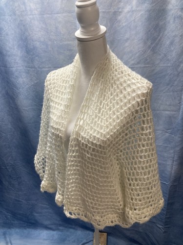 Vintage Hand Crocheted Women’s Shawl Acrylic Thick Cozy Shimmery Lace At Bottom