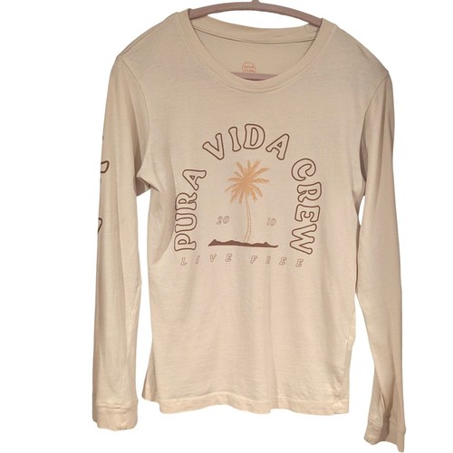 Pura Vida Long Sleeve XS Cream Palm Tree Live Free Graphic Beach Surf Tee Top