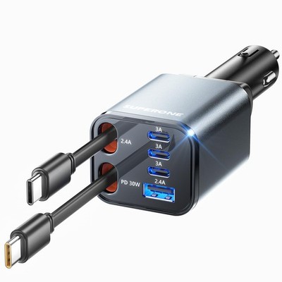 SUPERONE Retractable Car Charger, [Ultra-Compact] 6-Port Charger USB GREY