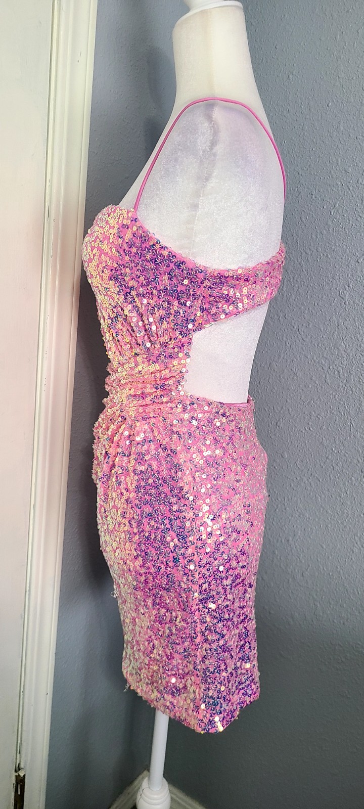 Blondie Nites Pink Sequined Strappy Mini Dress Size 3 Prom Clubwear Open Back
