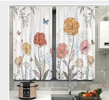 Riyidecor Boho Floral Kitchen Curtains 27.5" W x 39" H Spring Flowers 2 Panels