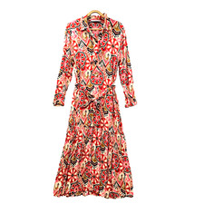 Zara Dress Womens A-line Midi Size M Red Pink Black Cream Long Sleeve Collared