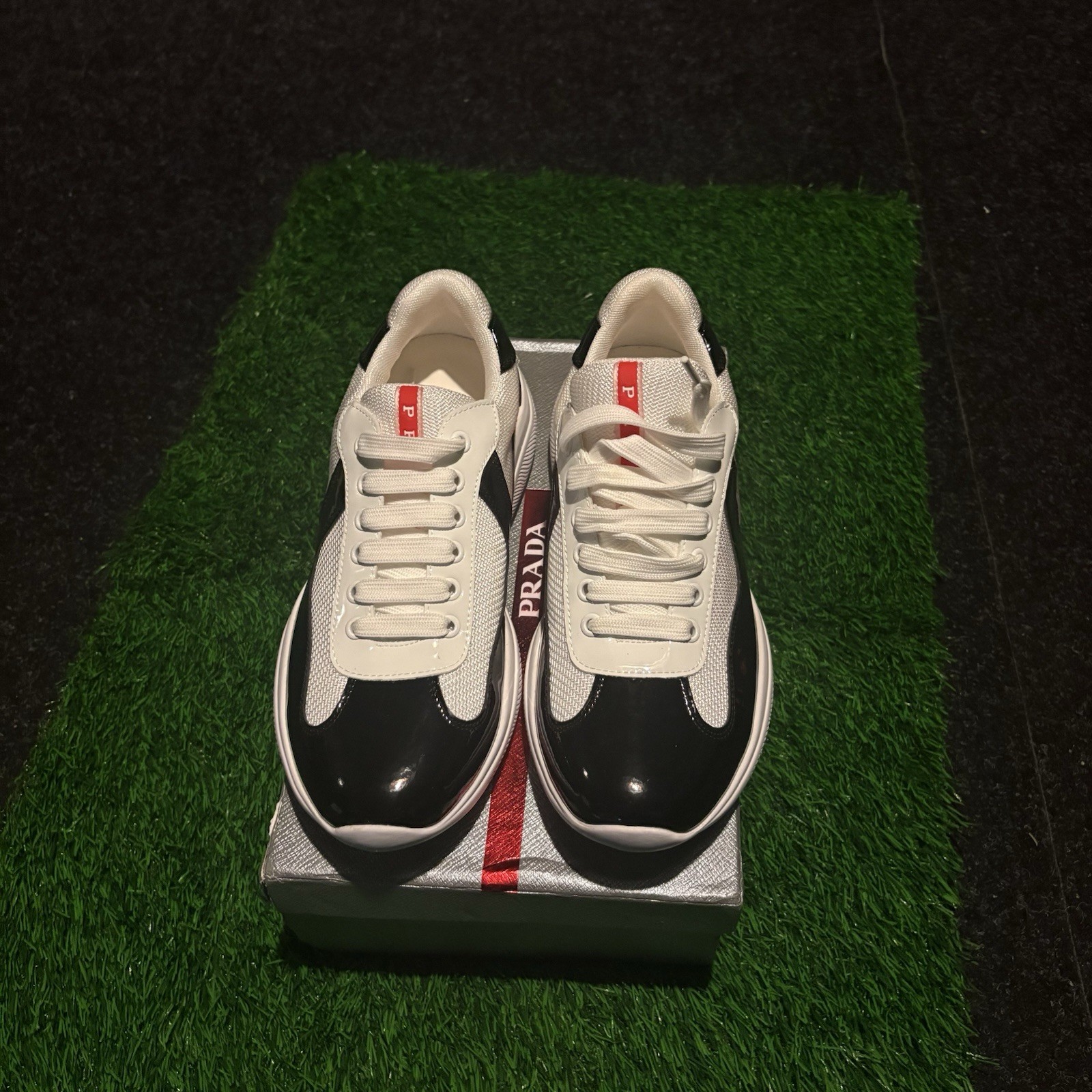 Prada Men America's Cup White Black Patent Mesh Sneakers Size 7