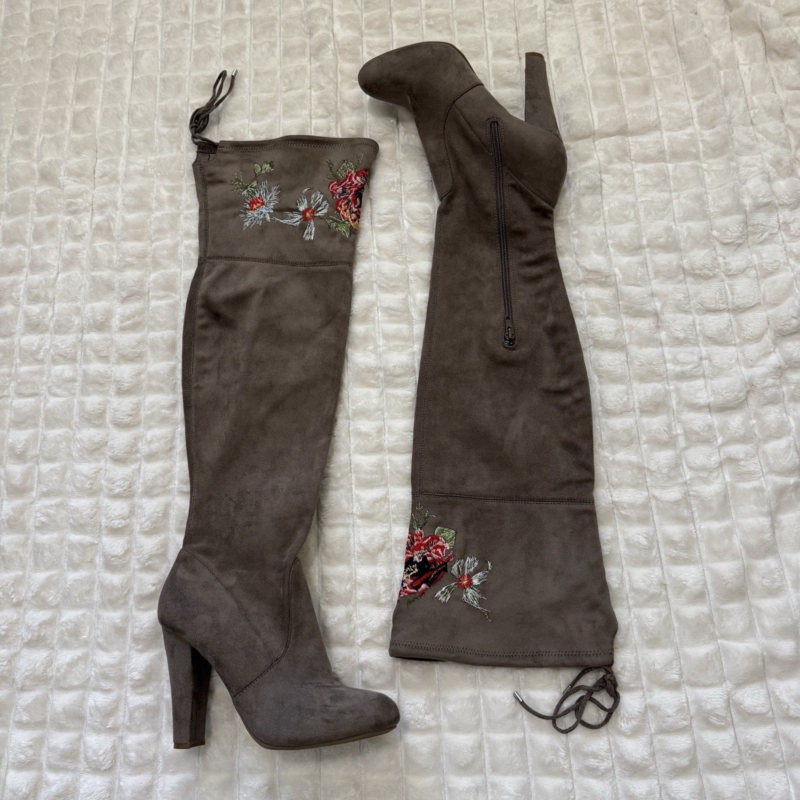 ZIGI SOHO 9 Bryna Floral Embroidered Zip Over the Knee Heeled Boots Suede Boho