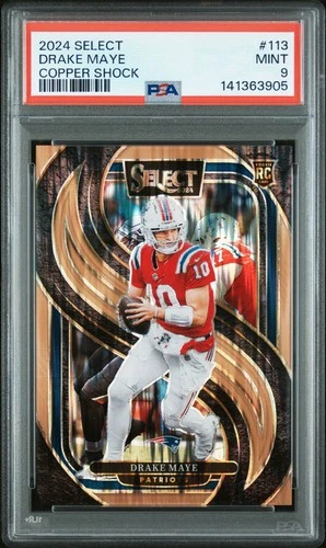 2024 Panini Select Premier Level Drake Maye Copper Shock Prizm /299!  (RC) PSA 9