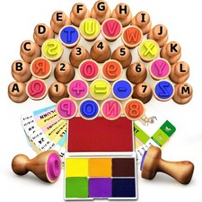   Wooden Alphabet  Number Stampers Set with 7-Color Ink Pad  ABCs 123s Le