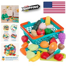 Toddler Food Set with Farmers Market Basket and Cutting Boards for Creative Play