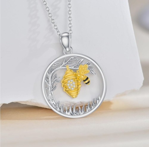 Diamond Honey Bee Necklace 925 Sterling Silver Diamond Bee Tree Necklace...