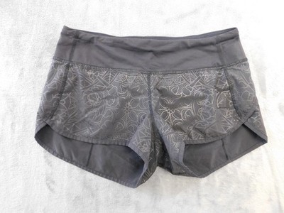 Lululemon Speed Shorts Women 6 Black Floral Print Lined Split Zip Pocket Running
