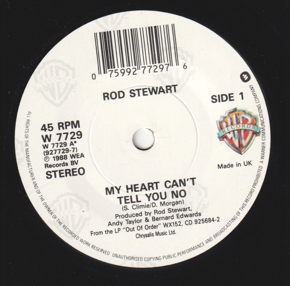 Rod Stewart My Heart Can't Tell You No 7" vinyl UK Warner 1989 paper pic sleeve - Immagine 3 di 3