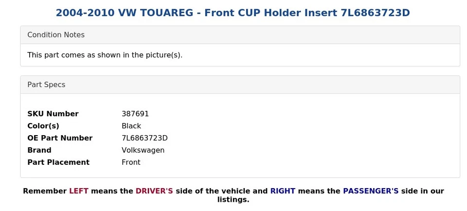 2004-2010 VW TOUAREG - Front CUP Holder Insert 7L6863723D - Image 4 of 4