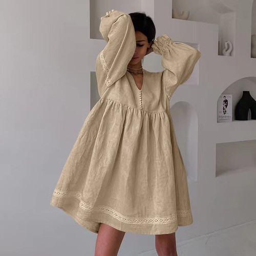 New summer Women's Casual Loose Solid Color V-Neck Lantern Long Sleeved Dress - Picture 10 of 12