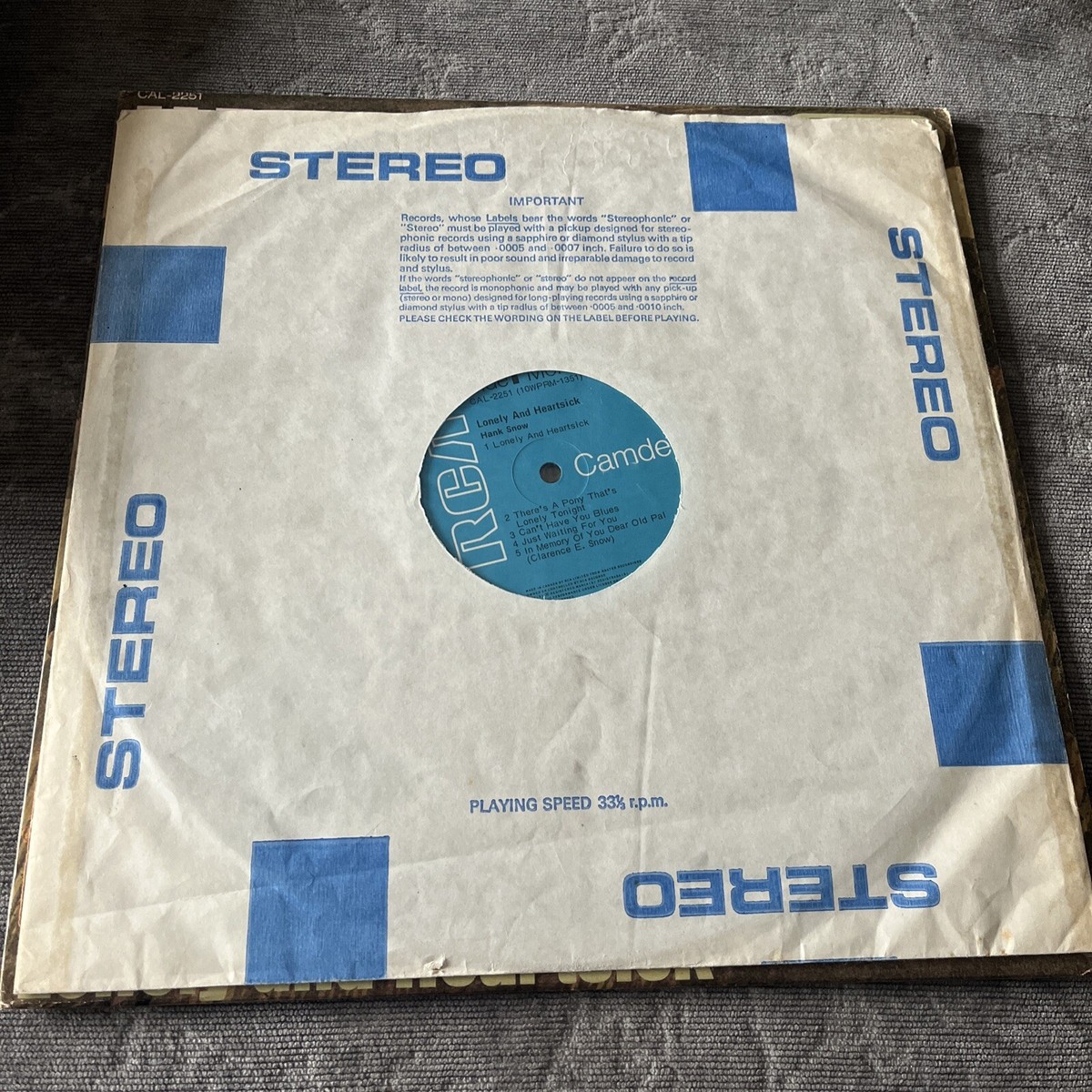 加LP Hank  Lonely And Heartsick CAL2251 RCA Camden /00260 HANK SNOW: lonely and heartsick RCA Camden 12