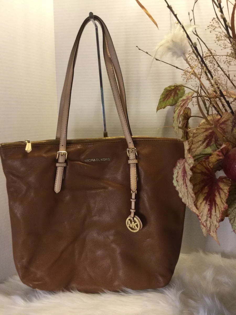 Michael Kors Jet Set Brown Leather Shoulder Bag Tote Gold Accent Feet